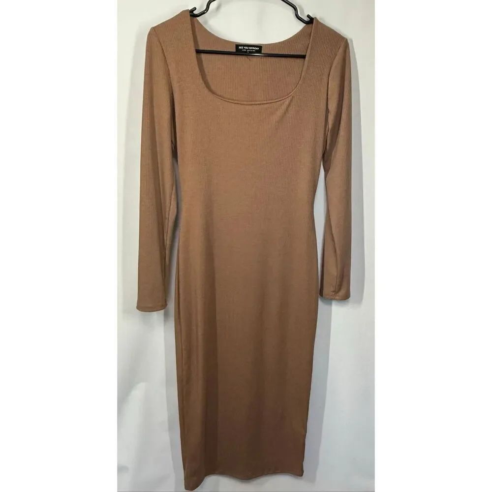 See you Monday Los Angeles camel ribbed long sleeve maxi knit dress size large